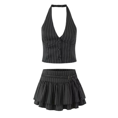 Halter V-Neck Pinstriped Button-Up Open Back Crop Vest / Mid Rise Layered Mini A-Line Skirt