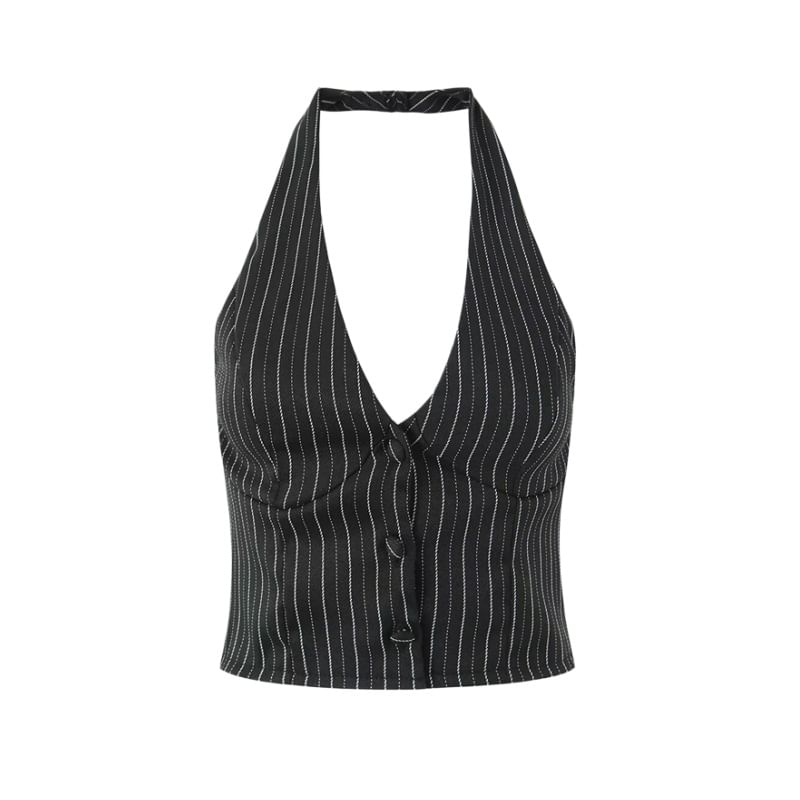 Halter V-Neck Pinstriped Button-Up Open Back Crop Vest / Mid Rise Layered Mini A-Line Skirt