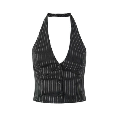 Halter V-Neck Pinstriped Button-Up Open Back Crop Vest / Mid Rise Layered Mini A-Line Skirt