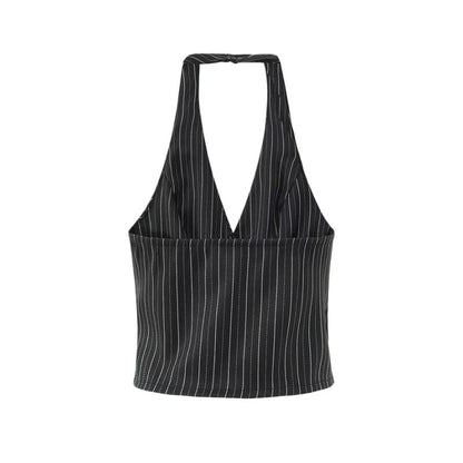 Halter V-Neck Pinstriped Button-Up Open Back Crop Vest / Mid Rise Layered Mini A-Line Skirt