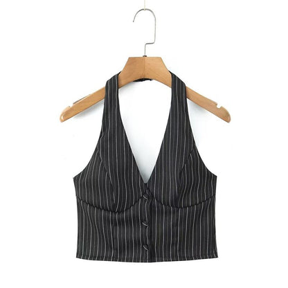 Halter V-Neck Pinstriped Button-Up Open Back Crop Vest / Mid Rise Layered Mini A-Line Skirt