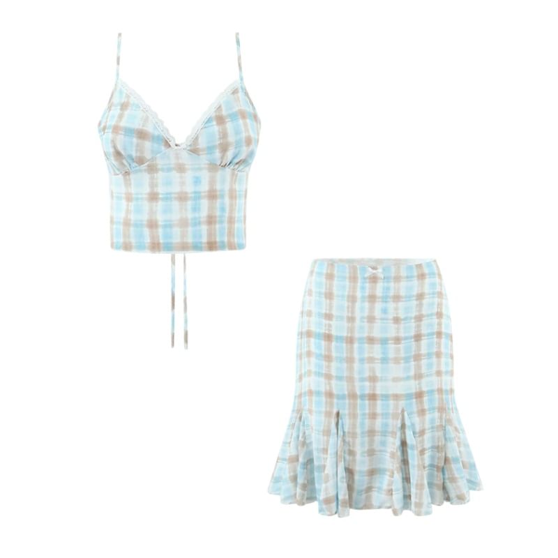 V-Neck Plaid Lace Trim Tie Back Crop Camisole Top / Low Rise Mermaid Skirt