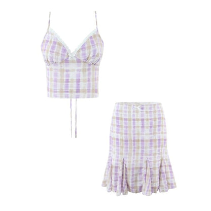 V-Neck Plaid Lace Trim Tie Back Crop Camisole Top / Low Rise Mermaid Skirt