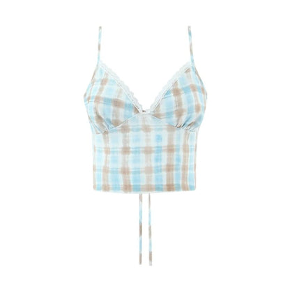 V-Neck Plaid Lace Trim Tie Back Crop Camisole Top / Low Rise Mermaid Skirt