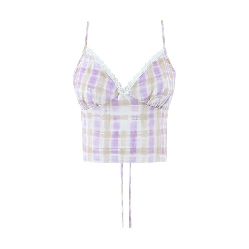 V-Neck Plaid Lace Trim Tie Back Crop Camisole Top / Low Rise Mermaid Skirt