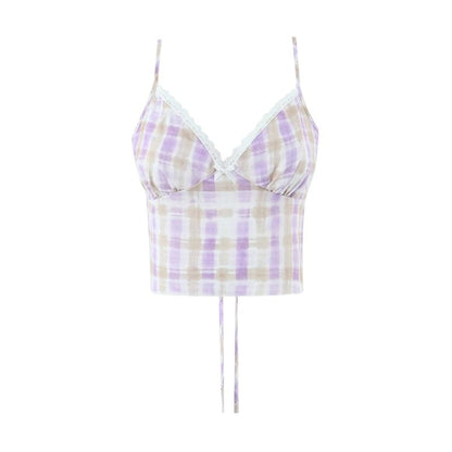 V-Neck Plaid Lace Trim Tie Back Crop Camisole Top / Low Rise Mermaid Skirt