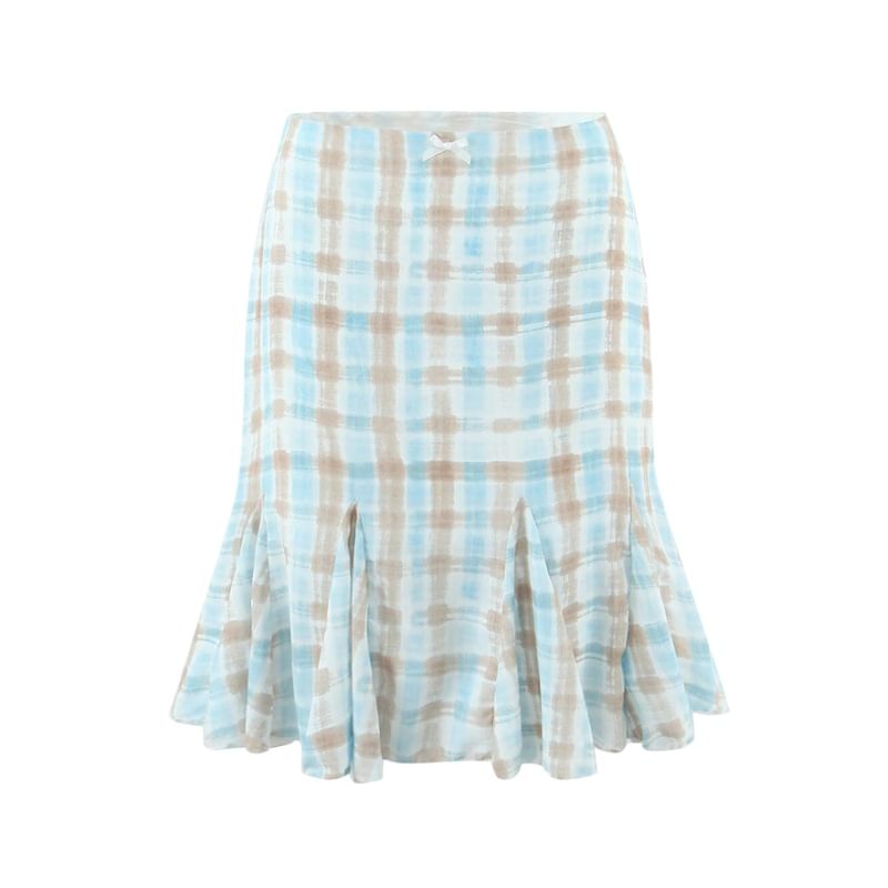 V-Neck Plaid Lace Trim Tie Back Crop Camisole Top / Low Rise Mermaid Skirt