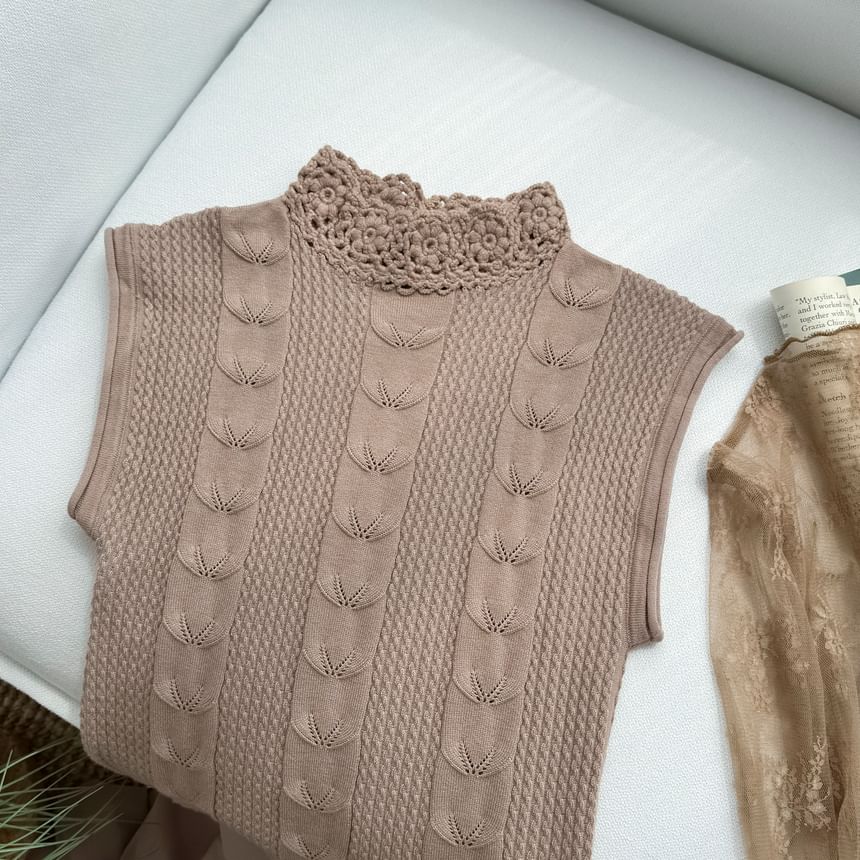 Sleeveless Mock Neck Ruffle Panel Cable Knit Maxi A-Line Dress / Long Sleeve Mock Neck Plain Lace Top
