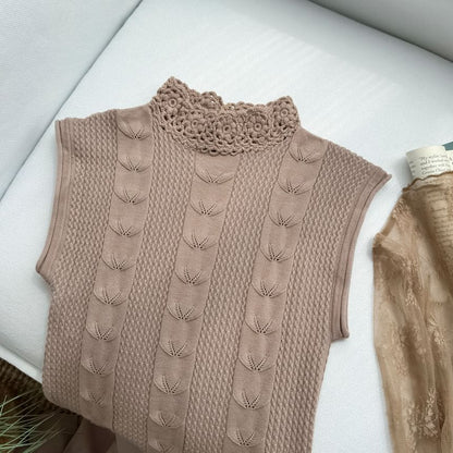 Sleeveless Mock Neck Ruffle Panel Cable Knit Maxi A-Line Dress / Long Sleeve Mock Neck Plain Lace Top