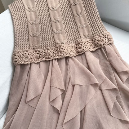 Sleeveless Mock Neck Ruffle Panel Cable Knit Maxi A-Line Dress / Long Sleeve Mock Neck Plain Lace Top