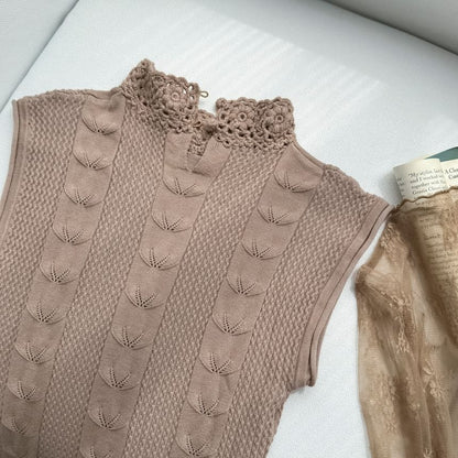 Sleeveless Mock Neck Ruffle Panel Cable Knit Maxi A-Line Dress / Long Sleeve Mock Neck Plain Lace Top