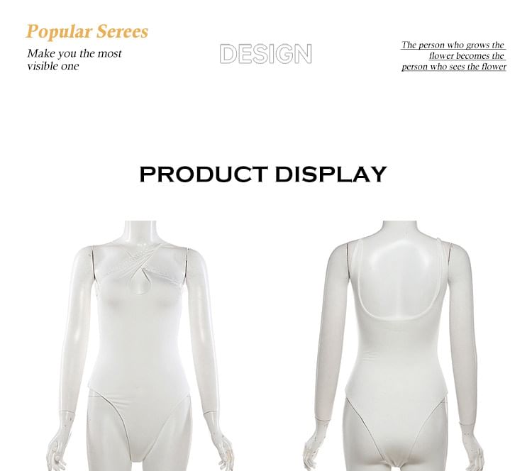 Sleeveless Lace Trim Asymmetrical Plain Bodysuit Top