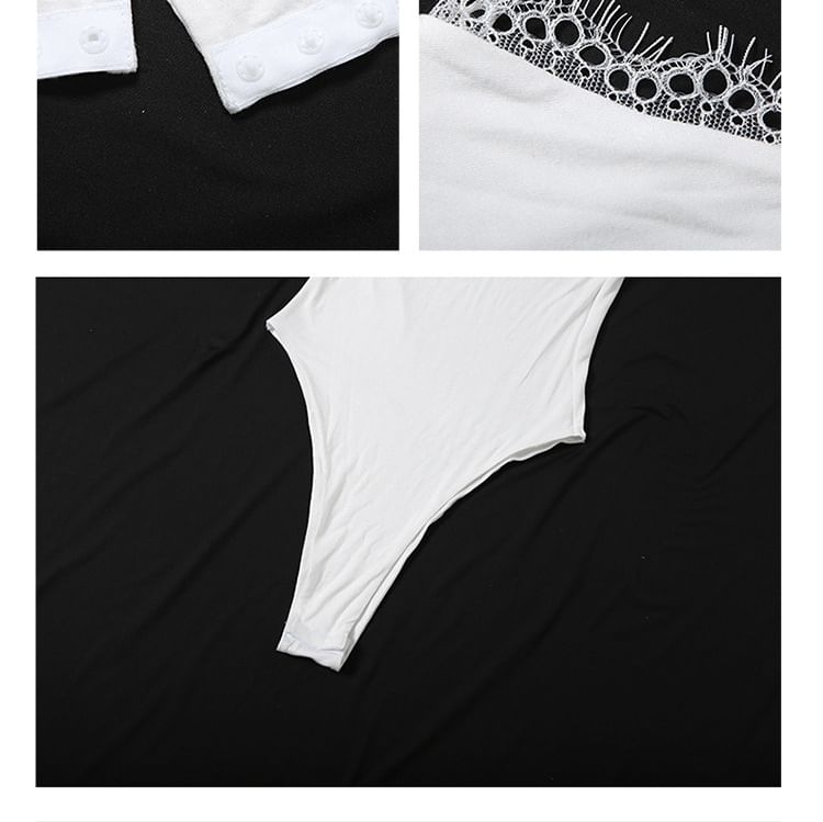 Sleeveless Lace Trim Asymmetrical Plain Bodysuit Top