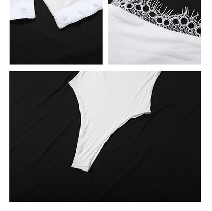 Sleeveless Lace Trim Asymmetrical Plain Bodysuit Top