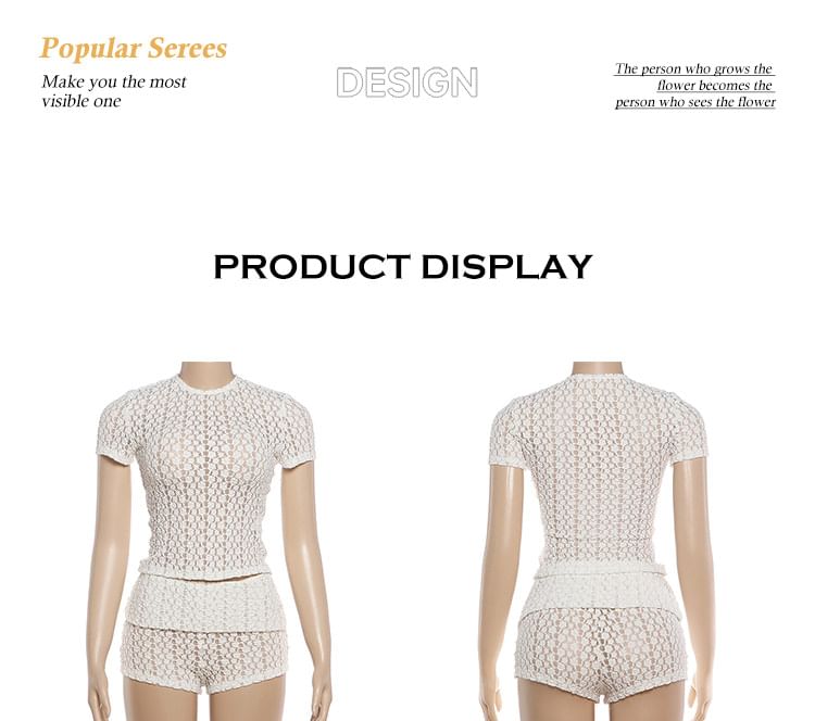 Set: Short-Sleeve Crewneck Lace Crop Top + Hot Pants