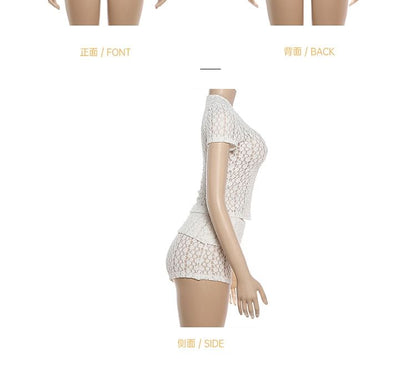 Set: Short-Sleeve Crewneck Lace Crop Top + Hot Pants