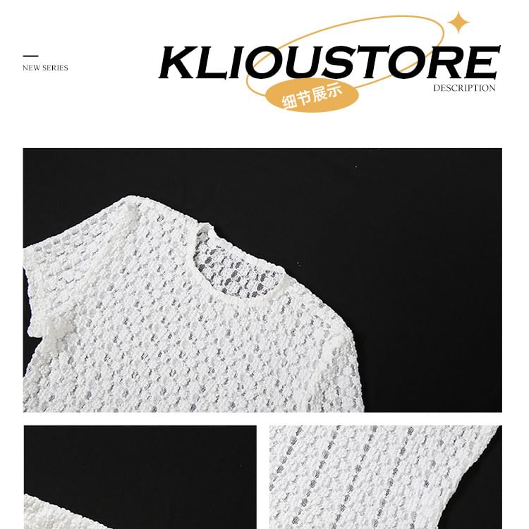 Set: Short-Sleeve Crewneck Lace Crop Top + Hot Pants