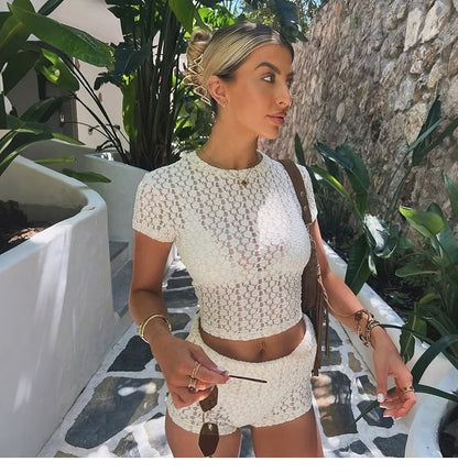 Set: Short-Sleeve Crewneck Lace Crop Top + Hot Pants
