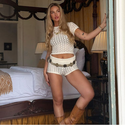 Set: Short-Sleeve Crewneck Lace Crop Top + Hot Pants