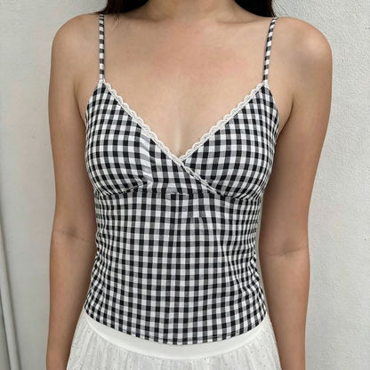 Checker Lace Trim V-Neck Camisole