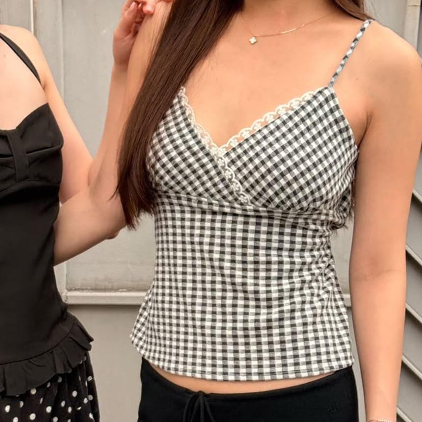 Checker Lace Trim V-Neck Camisole