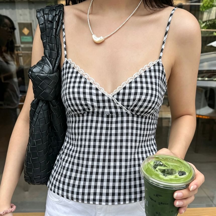 Checker Lace Trim V-Neck Camisole