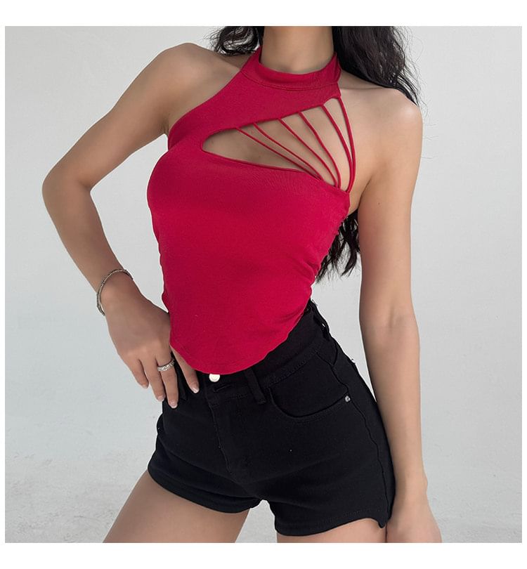 Cutout Back Halter Crop Top