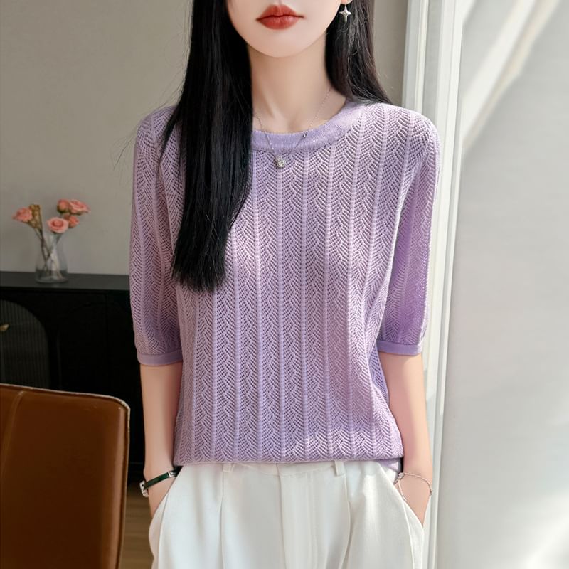 Perforated Elbow-Sleeve Knit Top