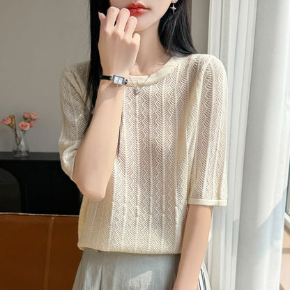 Perforated Elbow-Sleeve Knit Top