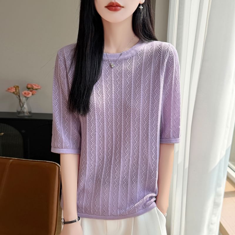 Perforated Elbow-Sleeve Knit Top