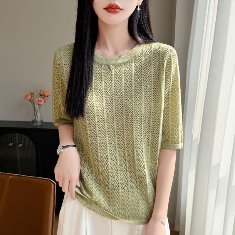 Perforated Elbow-Sleeve Knit Top