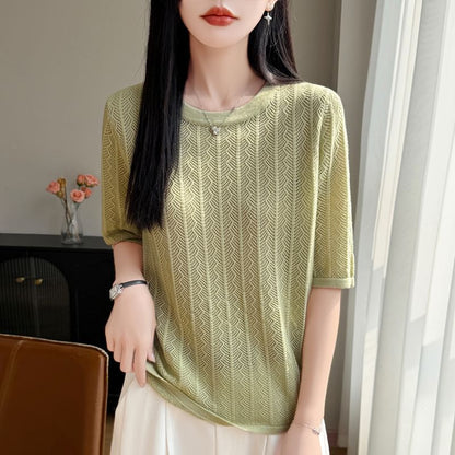 Perforated Elbow-Sleeve Knit Top