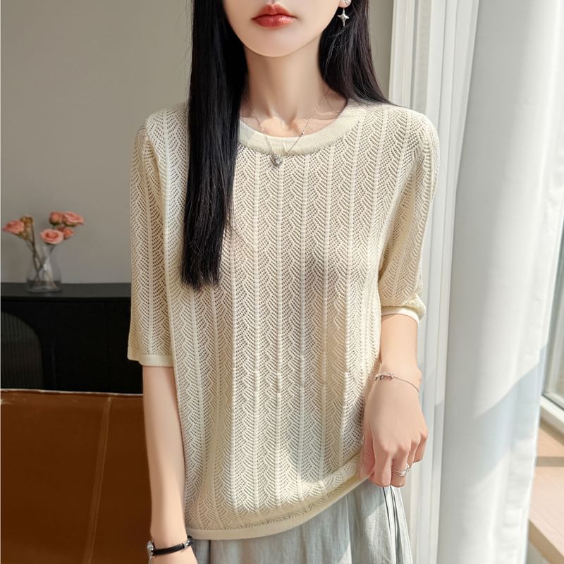 Perforated Elbow-Sleeve Knit Top