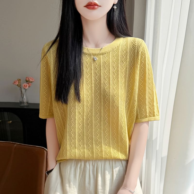 Perforated Elbow-Sleeve Knit Top