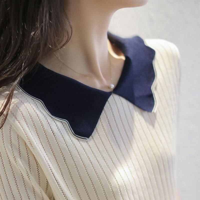 Contrast Collar Perforated Knit Top