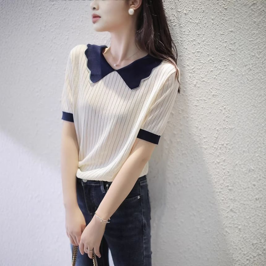 Contrast Collar Perforated Knit Top