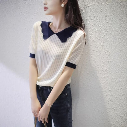 Contrast Collar Perforated Knit Top