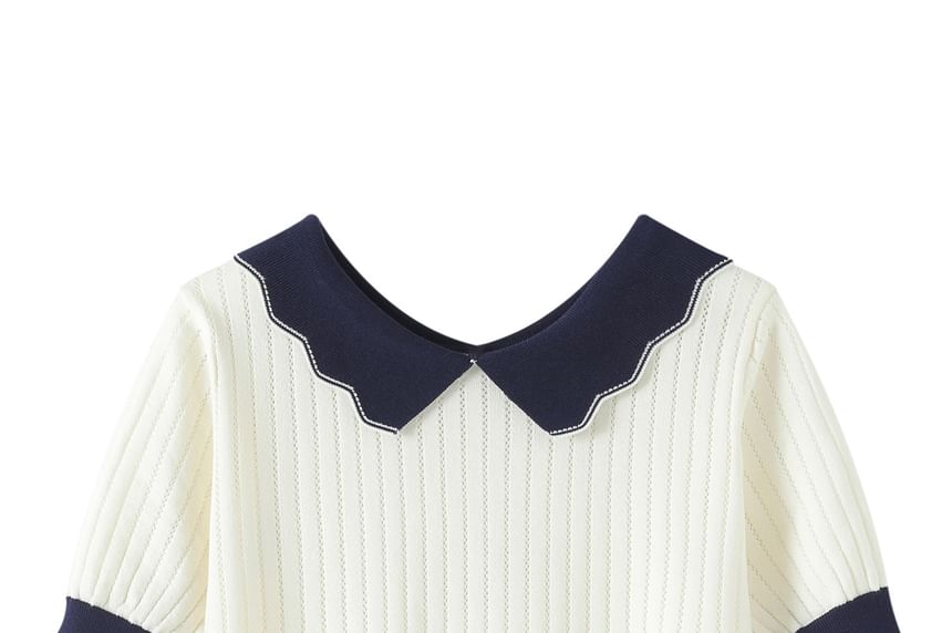 Contrast Collar Perforated Knit Top