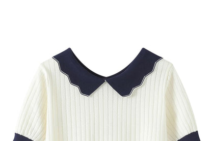 Contrast Collar Perforated Knit Top