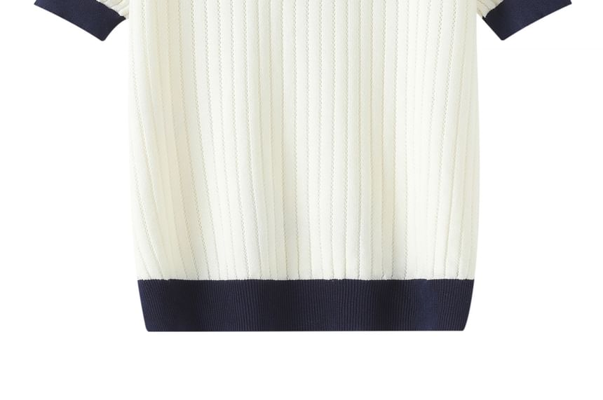 Contrast Collar Perforated Knit Top