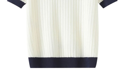 Contrast Collar Perforated Knit Top