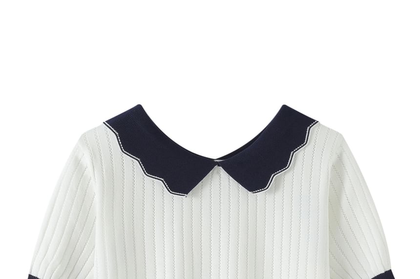 Contrast Collar Perforated Knit Top