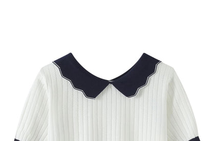 Contrast Collar Perforated Knit Top