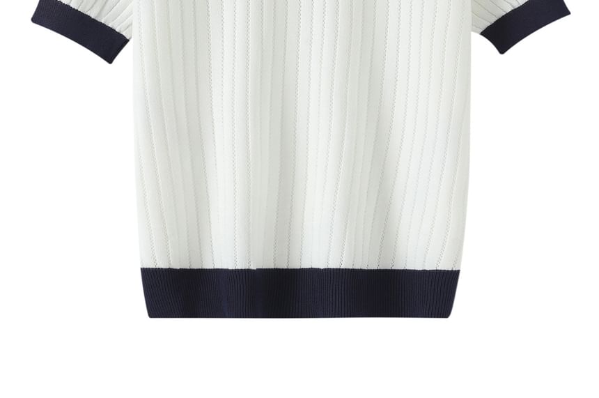 Contrast Collar Perforated Knit Top