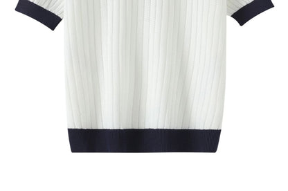 Contrast Collar Perforated Knit Top