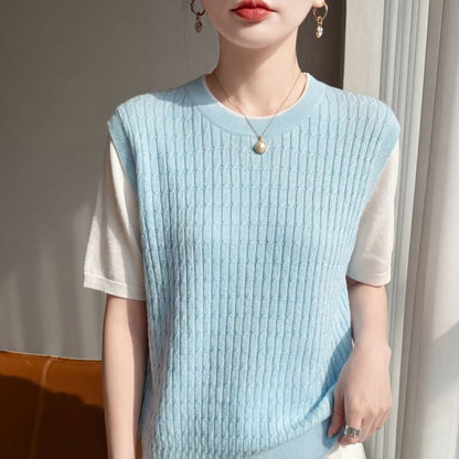 Two-Tone Knit Top with Elbow Sleeves