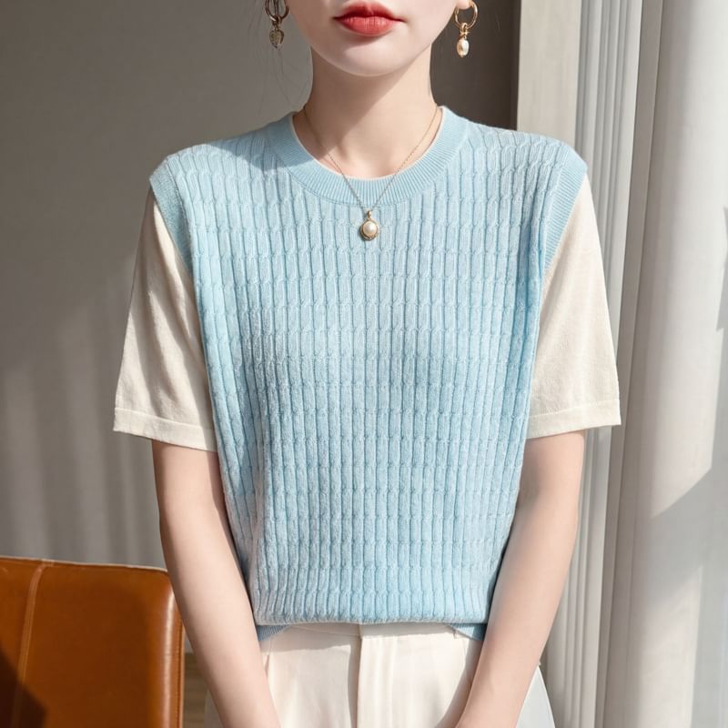 Two-Tone Knit Top with Elbow Sleeves