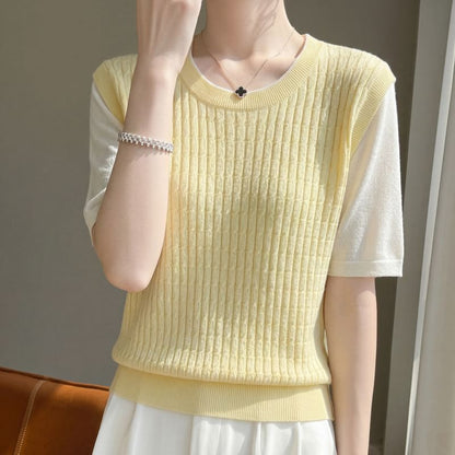 Two-Tone Knit Top with Elbow Sleeves