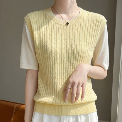 Two-Tone Knit Top with Elbow Sleeves