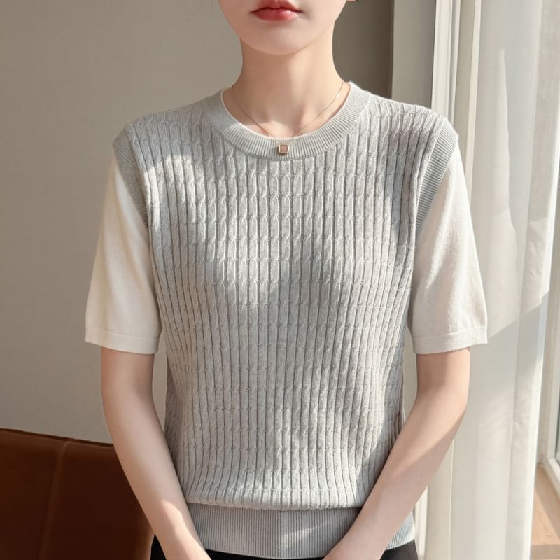 Two-Tone Knit Top with Elbow Sleeves